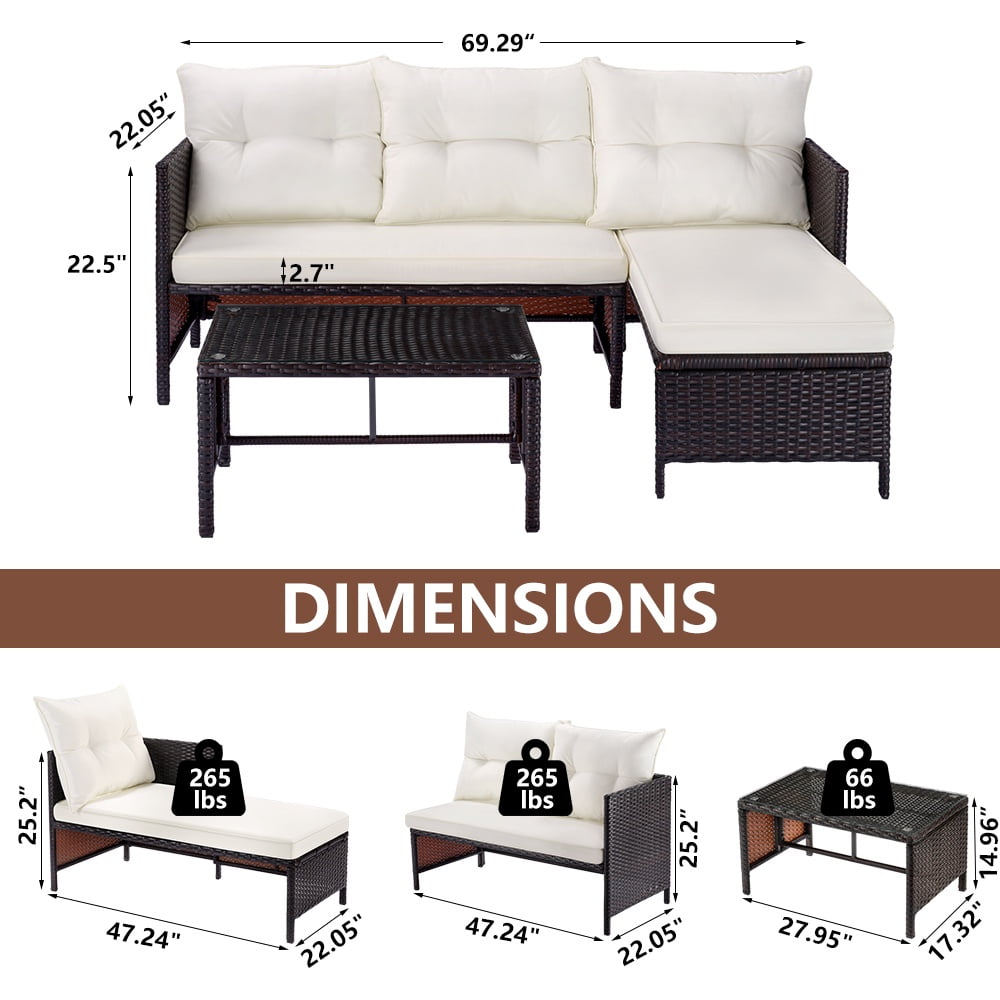 3 Piece Patio Furniture Set, All-Weather Outdoor Sectional Sofa Set, PE Rattan Conversation Set with Table & Cushions, Wicker Furniture Couch Set for Patio Deck Garden Poolside Yard