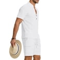 thumbnail image 3 of Eryao Big and Tall Gym Wear Sets Men 2 Piece Button V Neck Short Sleeve Tops Matching Drawstring Waist Shorts with Pockets Summer Beach Loungewear,White,M, 3 of 8