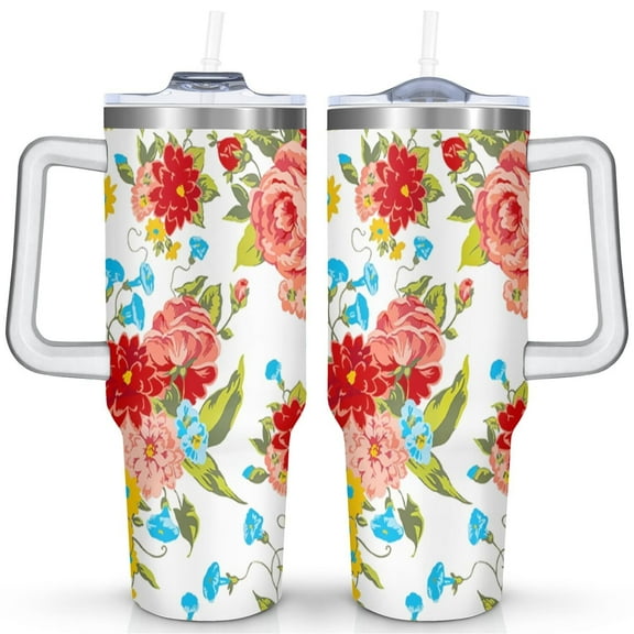 40 Oz Tumbler with Handle Lid and Straw Pioneer Flower Women Stainless Steel Travel Mug Double Walled Vacuum Insulated Cup, Christmas Birthday Gifts for Indoor Outdoor Sports