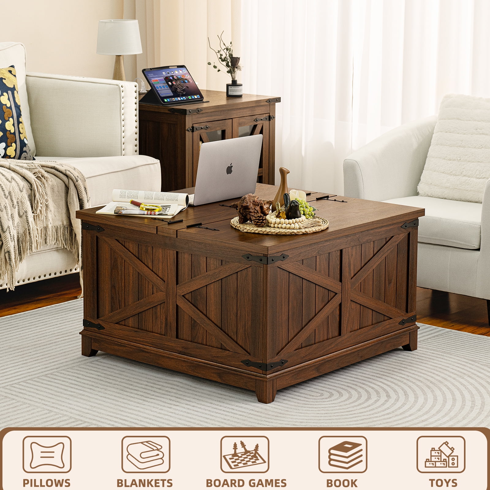 Farmhouse 3-Piece Living Room Set, Coffee Table with Hidden Storage Organizer & Nightstands with Charging Station, for Home, Office