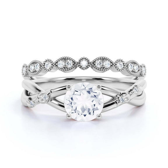 Spectacular And Decorative Rings Boho & hippie 1.60 Carat Round Cut Diamond Moissanite Engagement Ring, Wedding Ring, One Matching Band in 10k Solid White Gold, Promise Ring, Lovely Gift, Anniversary