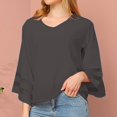 thumbnail image 2 of Bxsruta Blouse for Women, Women's V-Neck Split Casual Loose Cotton Linen 3/4 Sleeve Top/Shirt, Black L, 2 of 8