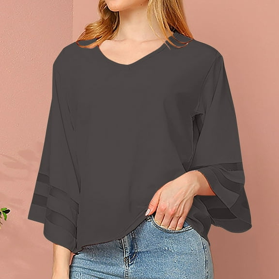 Casual Women's Tops Fashion Plus Size Women's V-Neck Split Casual Loose Linen 3/4 Sleeve Top/Shirt