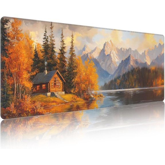 Art Large Mousepad with Autumn Mountain Cabin Scene XXL Gaming Large Mouse Pad Keyboard Mat Desk Pad Non-Slip Rubber Base Home and Office