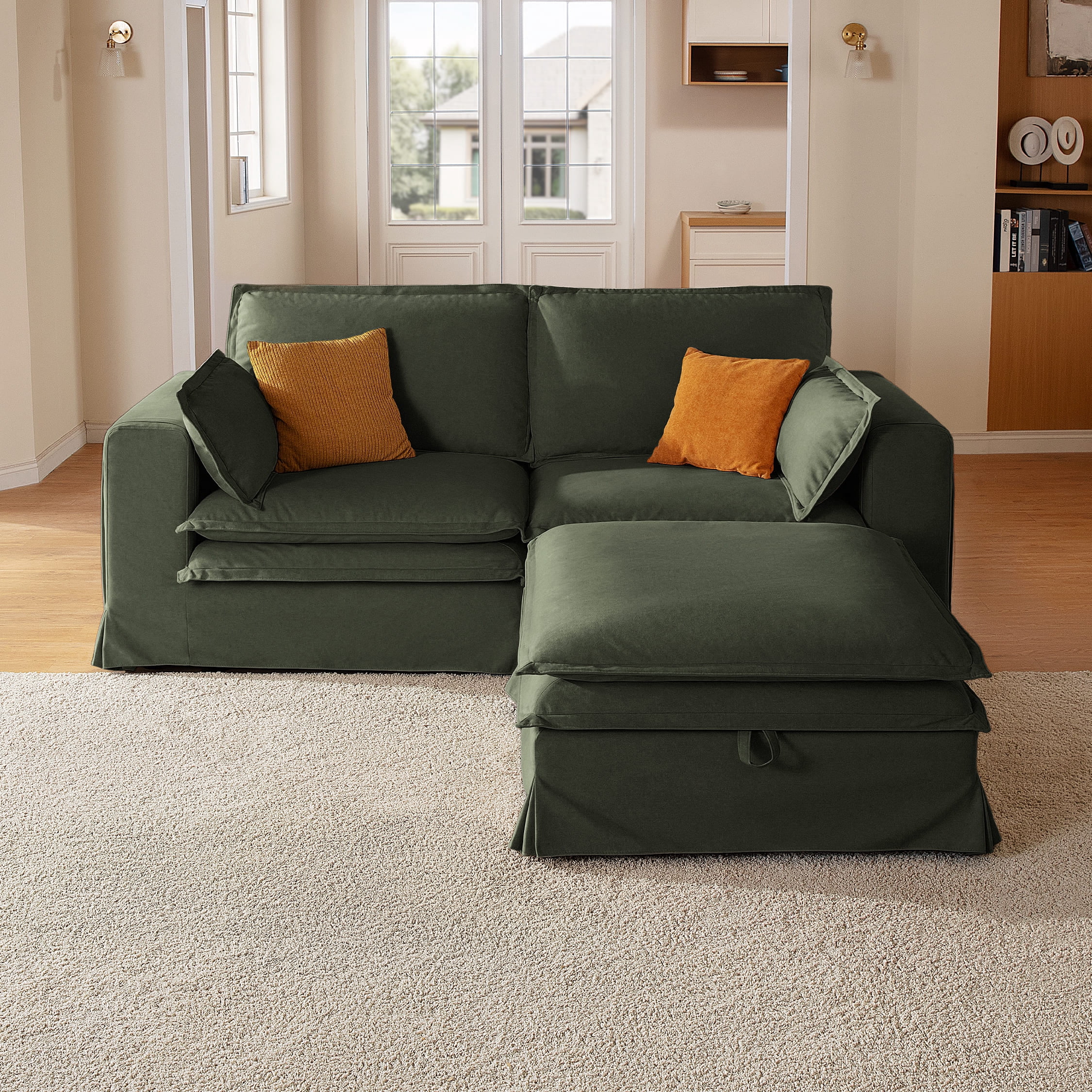 CHIC HOUSE Modular L-Shaped Loveseat Sofa with Reversible Storage Ottoman, Removable Washable Slipcover, Waterproof & Pet-Scratch-Resistant, Cloud Dual Cushions, 3-Seater for Living Room, Green