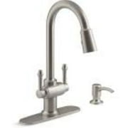 Thierry Two Handle Pull-Down Sprayer Kitchen Faucet with Soap Dispenser in Vibrant Stainless by Kohler