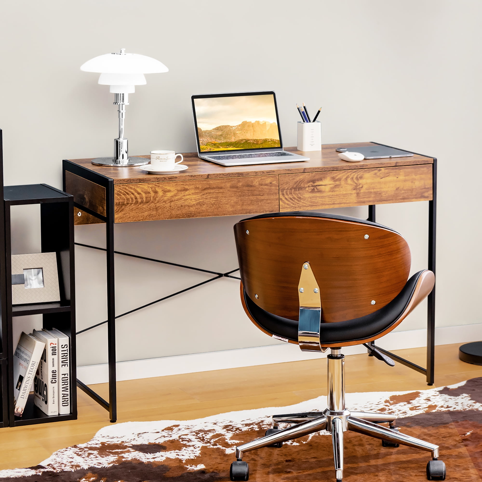Costway Computer Desk Metal Frame Study Table Home Office Workstation w/2 Drawers Rustic