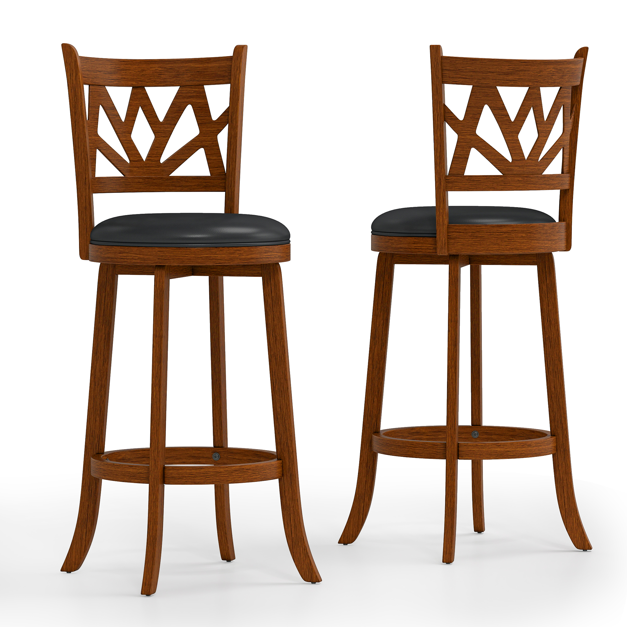 Joywind Farmhouse Swivel Bar Stools Set of 2, 30" Carved Lotus Barstools, Faux Leather Upholstered Bar Chairs with Solid Footrest & Wood Legs, Rustic Brown