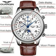 GUANQIN Automatic Self-Winding Watch Men Stainless Steel Leather Waterproof Business Mechanical Sapphire Wristwatch Day Date Multifunction