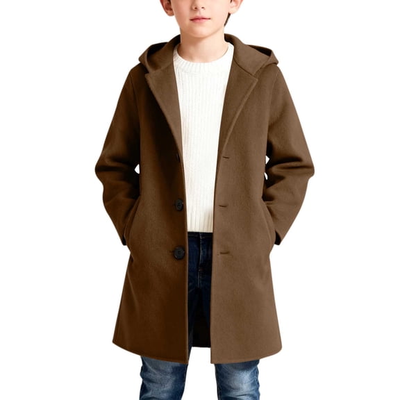 Kids Boys Hooded Trench Coats Wool Blend Lightweight Peacoats Winter Wamry Coats (Brown)