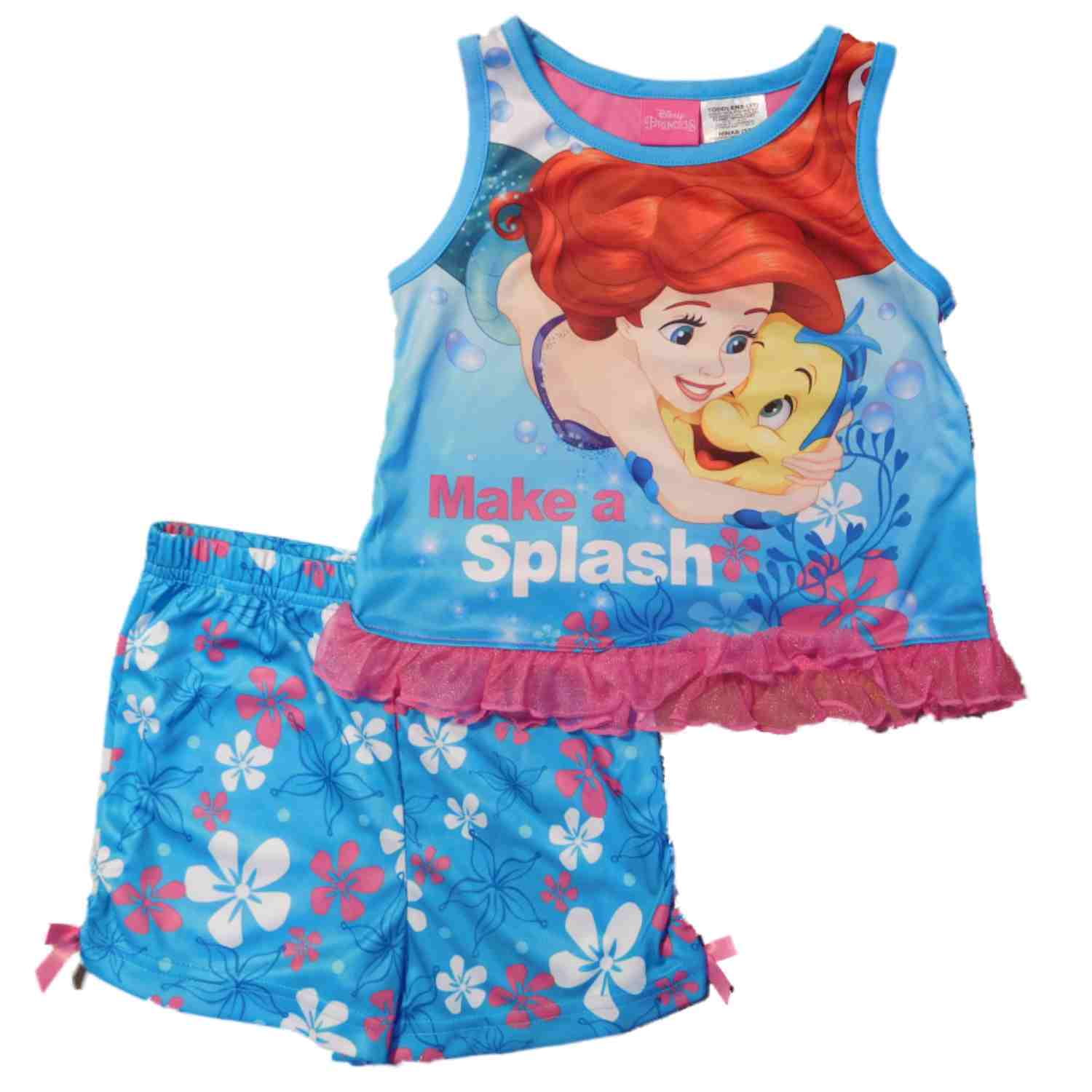Girls Ariel Splash Blue Pajama Top Shorts Sleep Set Little Mermaid PJs