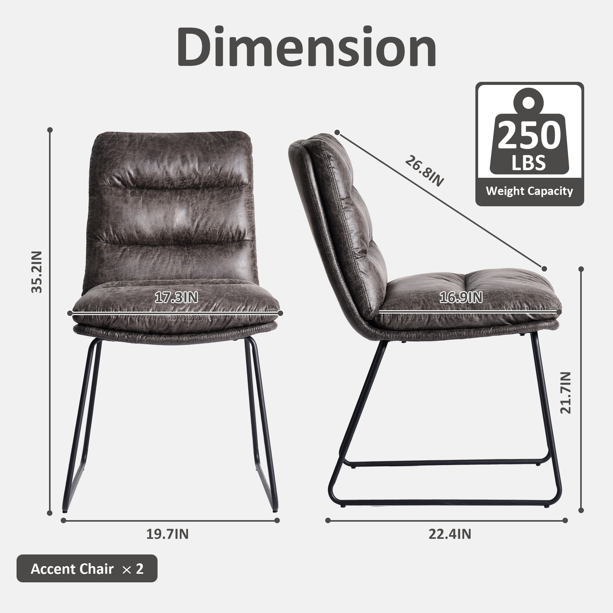 Ensemble de 2 fauteuils d'appoint sans accoudoirs Homy Casa pour salon, revêtement en similicuir capitonné, gris
