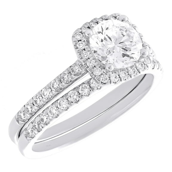 14K White Gold Lab Created Solitaire Diamond Cushion Halo Bridal Set 1.50 CT