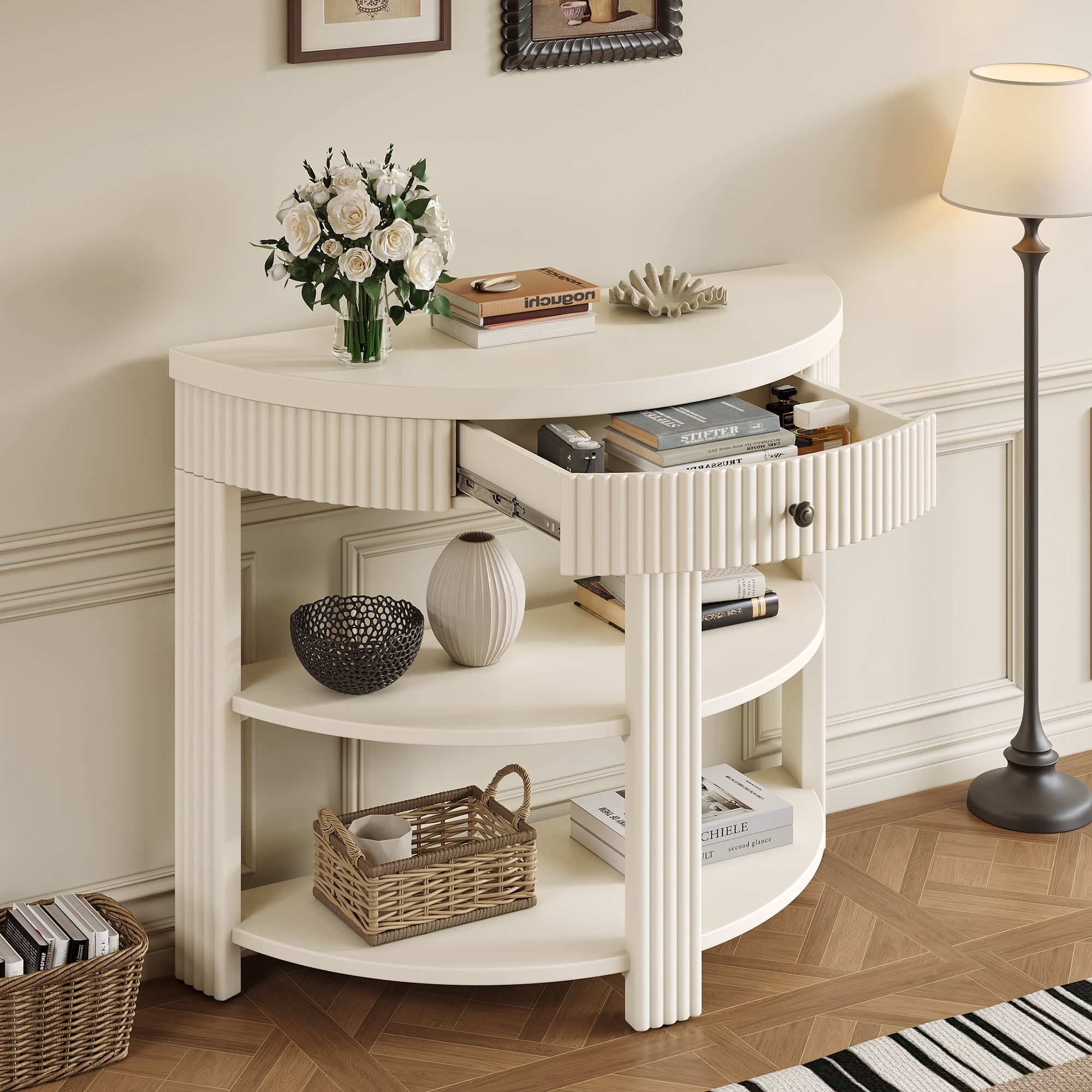 Euroco Fluted Half Moon Console Table with 1-Drawer, 3 Tier Entryway Table with Open Storage Shelves for Living Room, Hallway, Foyer,Cream