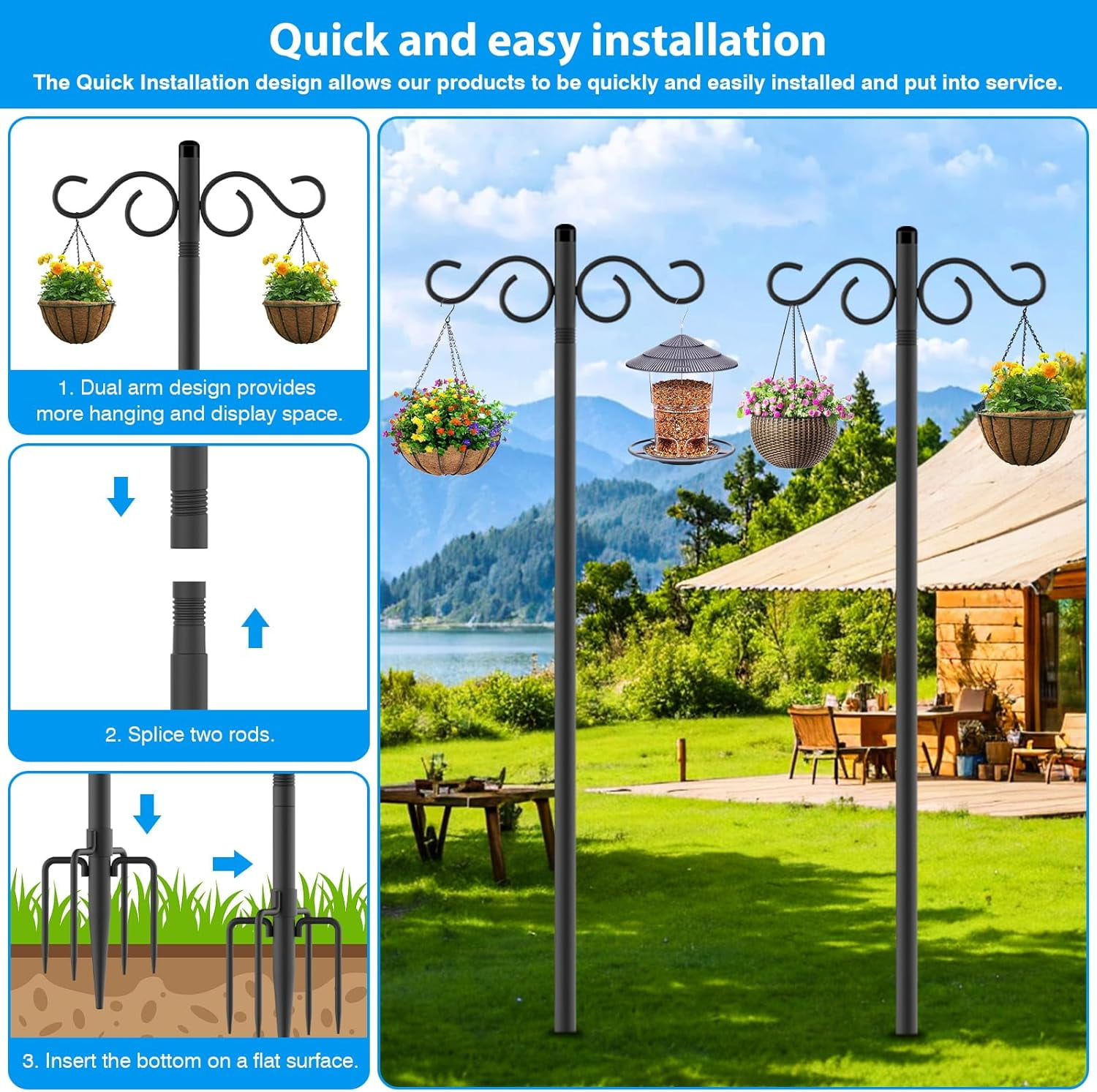 BAODELI Adjustable Shepherd Hooks for Outdoor,2 Pack 90 Inch 5 Prong Base Bird Two Sided Feeder Poles,Heavy Duty Shepherds Hook,Suitable for Garden in Hanging Flower Basket,Lantern,Bird Nests