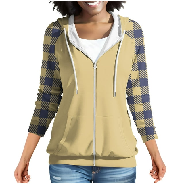 Chbgutlmr Sweatshirt for Women Raglan Long Sleeve Casual Plaid Jackets Drawstring Zip up Hoodies Pockets