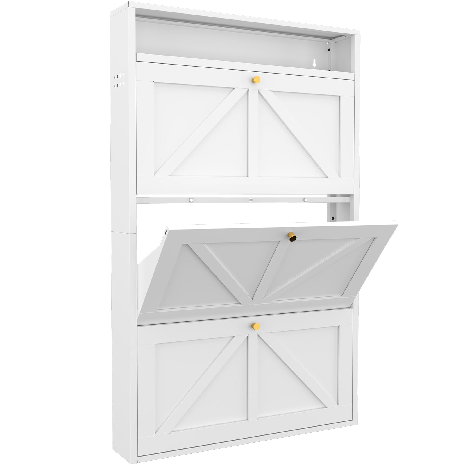 Aisword Modern Metal Shoe Cabinet with 3 Flip Drawers & Open Shelf,Narrow Slim Wall-Mounted Hidden Shoe Organizer Shoe Rack for Entryway,White