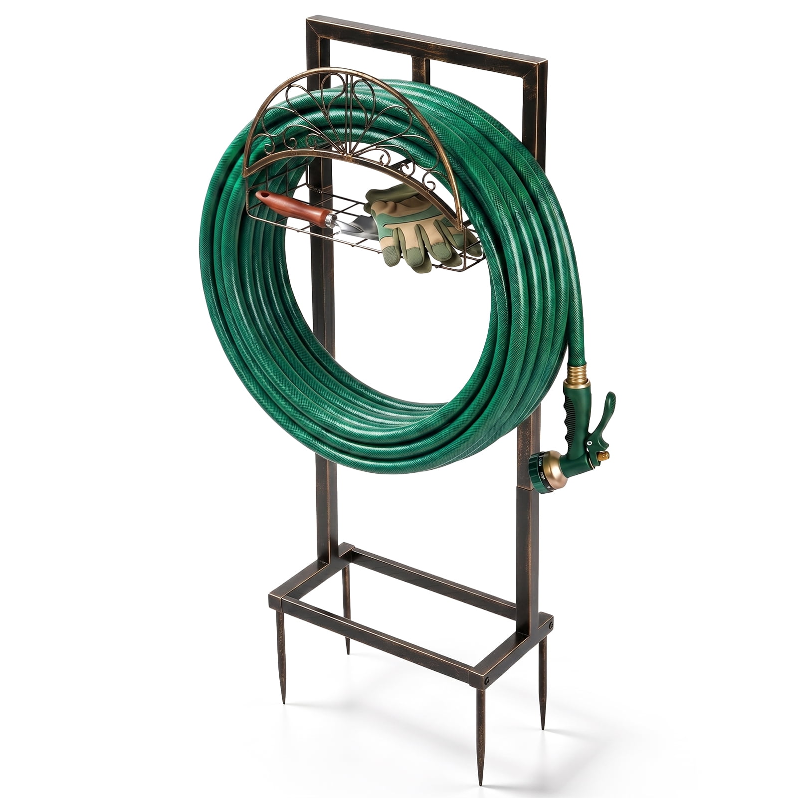 Heavy-Duty Freestanding Garden Hose Holder with Storage Basket
