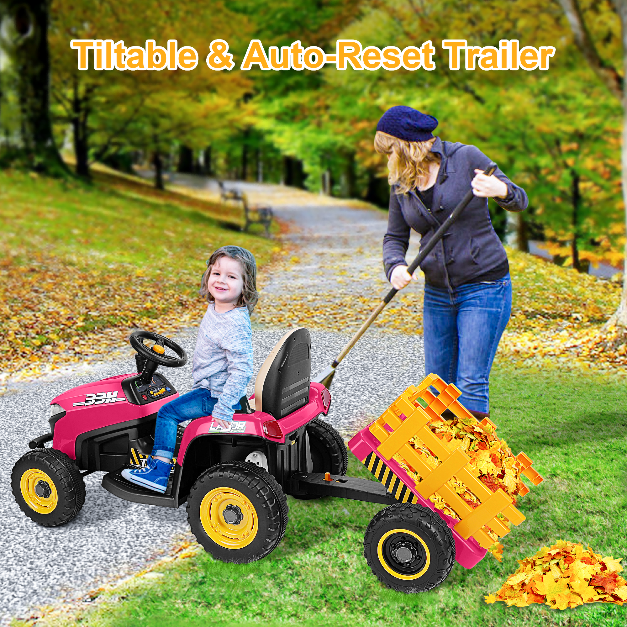East doll 12V Ride on Tractor with Tiltable & Detachable Trailer, up to 3.1Mph Truck with Parental Remote, Music Player, Bluetooth Function & Headlight