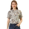 thumbnail image 1 of Blusas de mujer con volantes de manga corta floral con cuello simulado y volantes Gris XS, 1 of 5