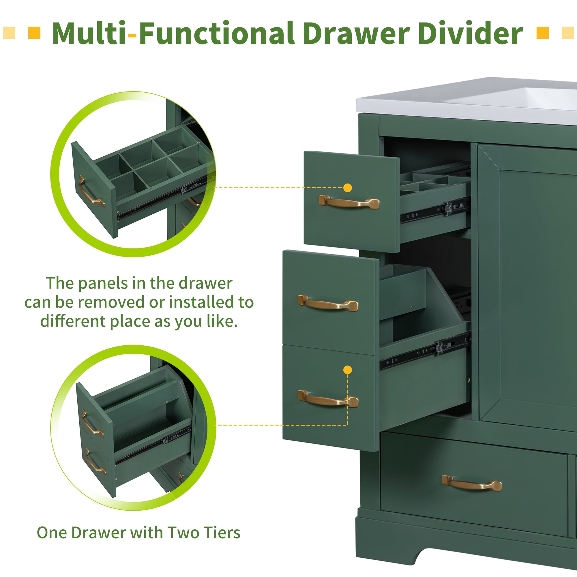 Euroco 36" Bathroom Vanity without Sink, Cabinet Base Only, Six Drawers, Multi-Functional Drawer Divider, Adjustable Shelf, Green