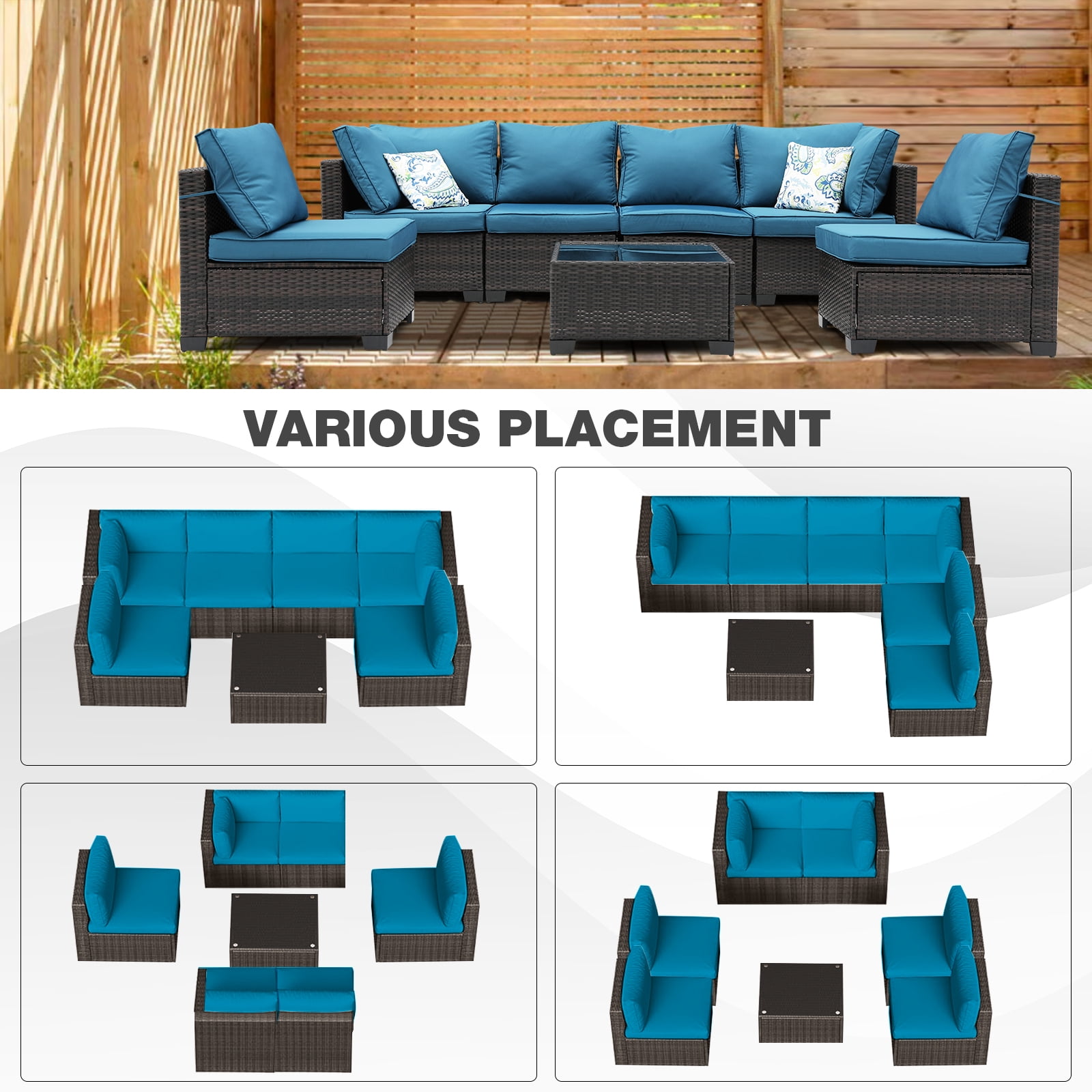 ZXRLHX 7-Piece Outdoor Rattan Patio Furniture Set (Brown/Peacock Blue) with Anti-slip Cushions
