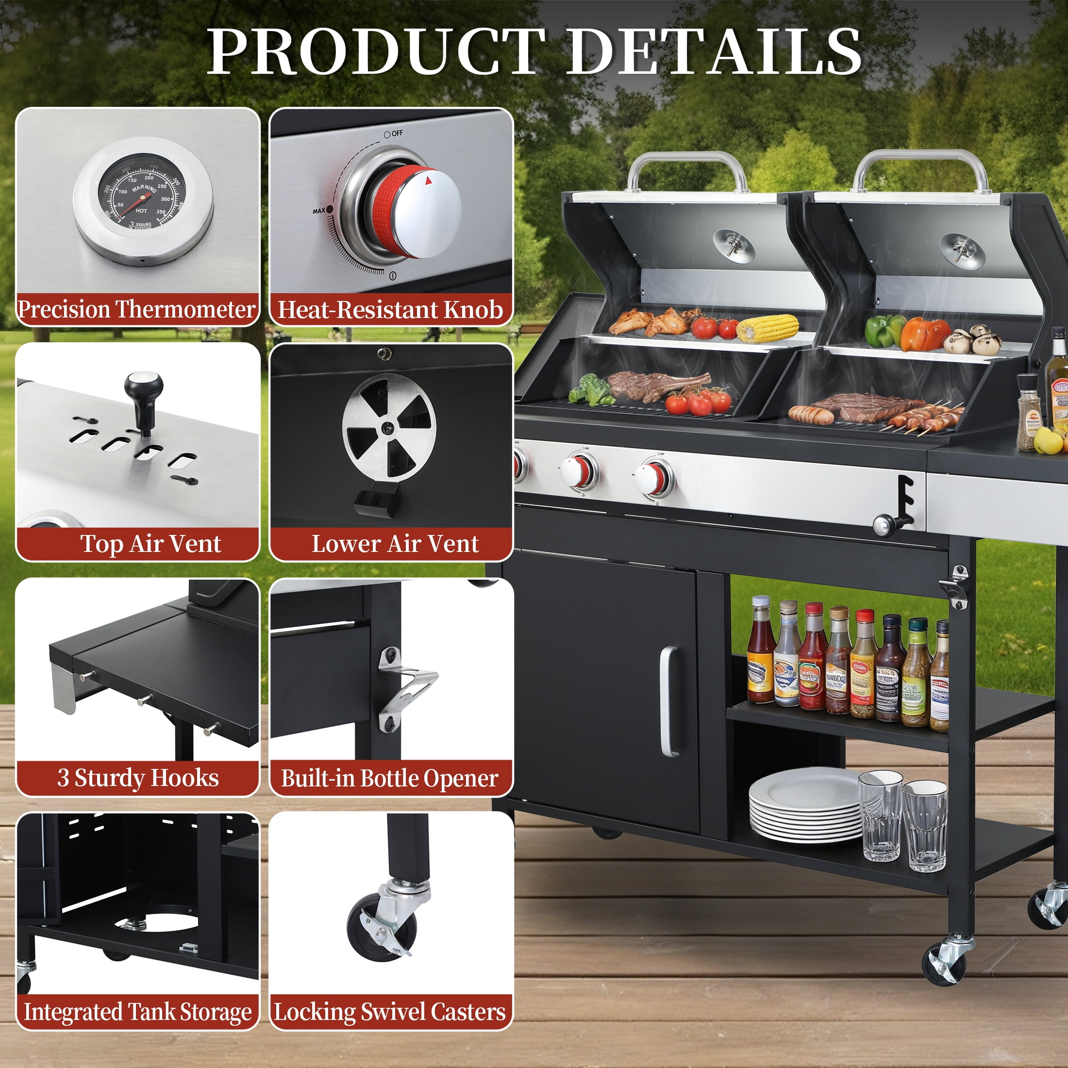 CIG GARDEN 3 Burner Propane Gas and Charcoal Grill Combo with Side Burner,41,500 BTU Dual Fuel Bbq with Dual Lids for Outdoor Barbecue
