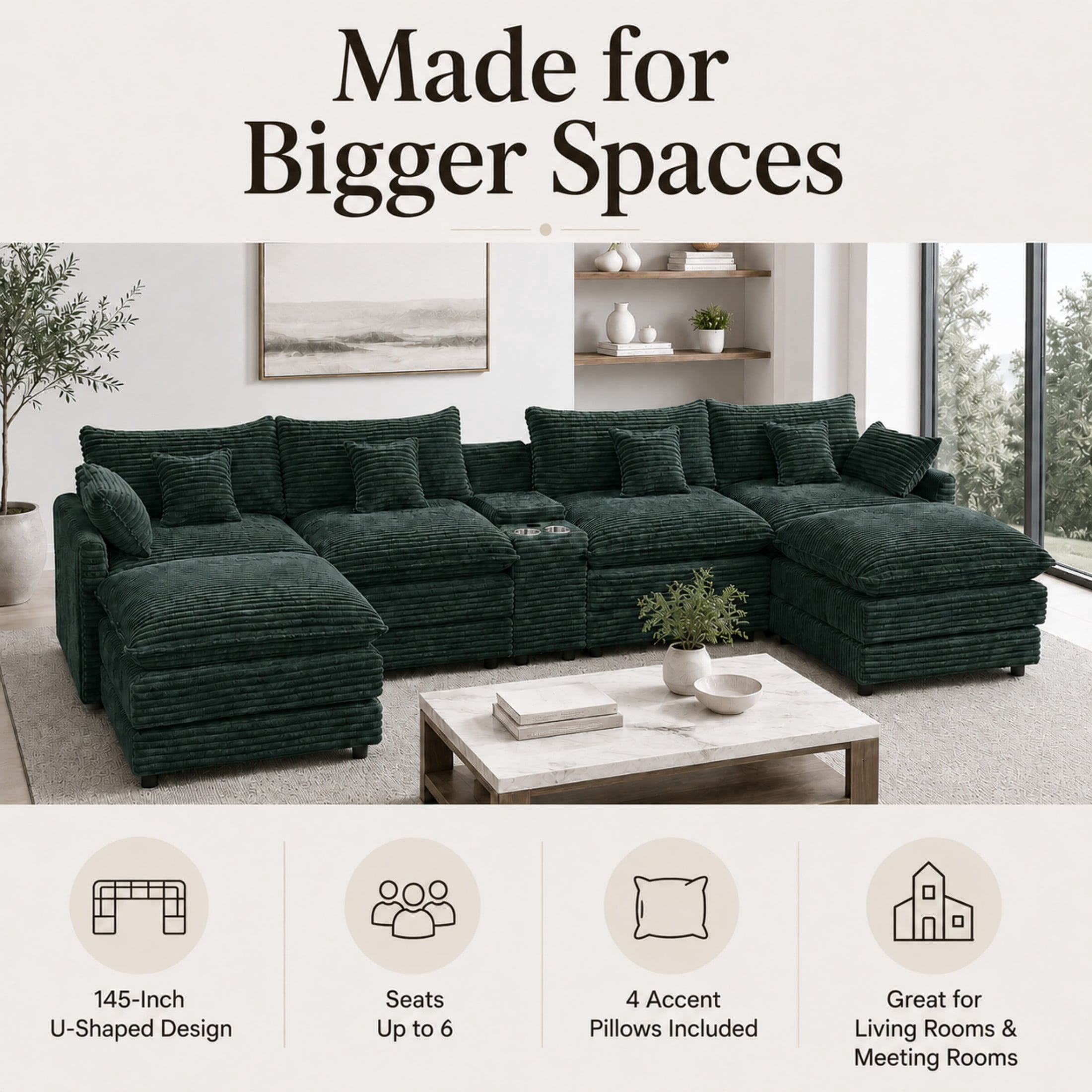 Aenkyo 141-Inch U-Shaped Corduroy Cloud Sectional Sofa with Console, Green
