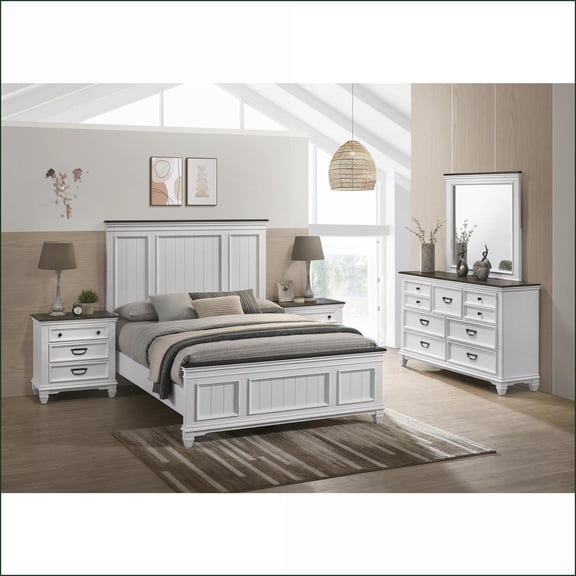 Bedroom Set Queen Size with Shiplap Bed, Dresser, Mirror & 2 Nightstands – Modern Farmhouse Weathered White | Wood | Standard Beds