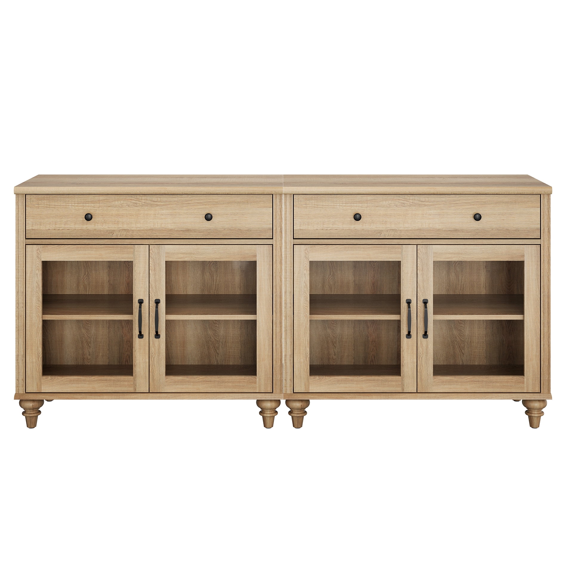 68" Oak Glass Door Buffet Cabinet with Drawer, Farmhouse Sideboard with Storage