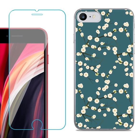 Slim-Fit Fashion Gel Phone Case for iPhone SE 2022, with Tempered Glass Screen Protector, by OneToughShield ® - Blossom Green