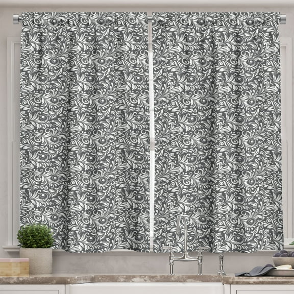 Ambesonne Floral Kitchen Curtains, Swirly Curved Leaves Spring, 55"x39", Dark Grey and Off White