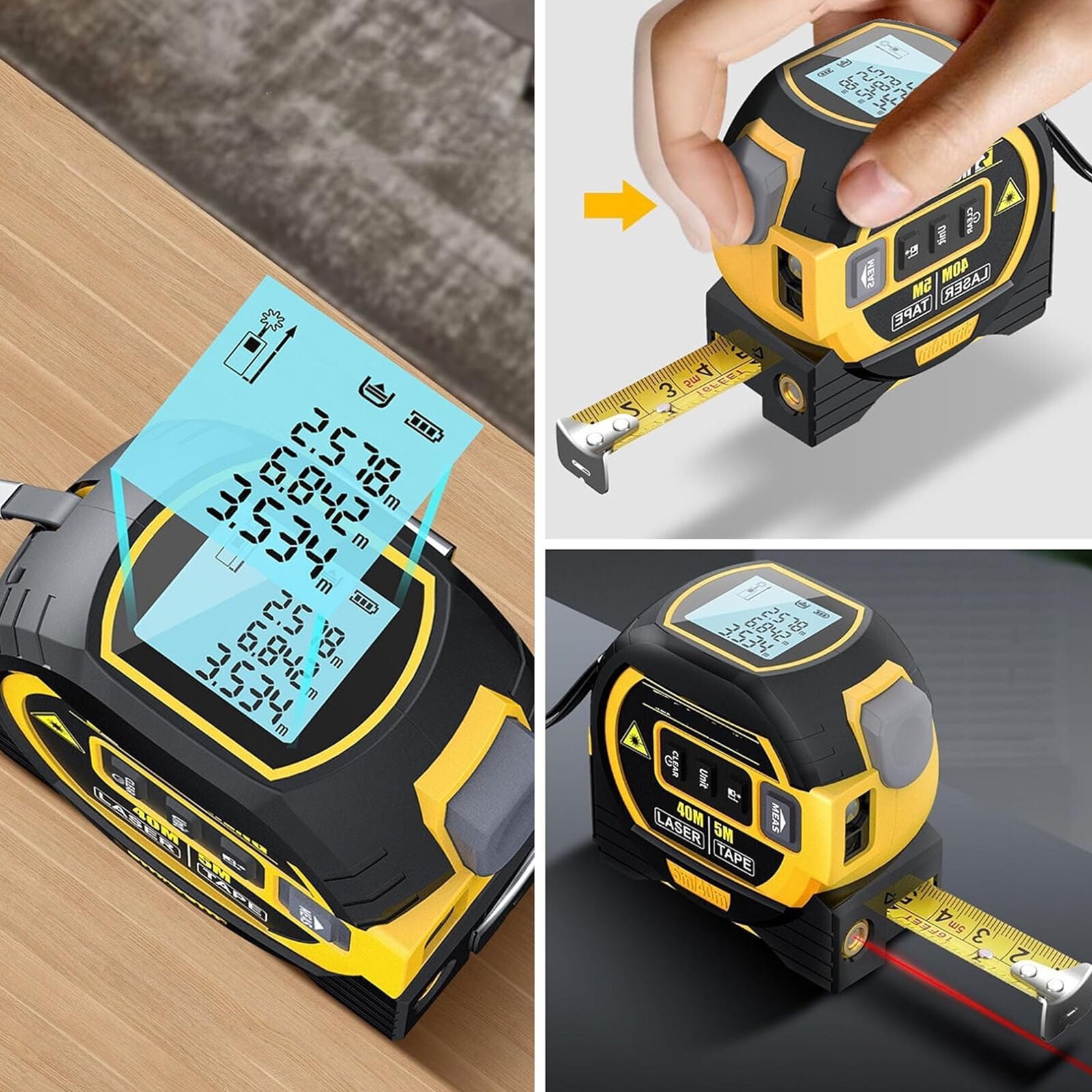 3 in 1 Digital Laser Tape Measure & Laser Cross Marking 131ft/40m Laser Distance Meter and 16Ft/5m AutoLock Tape Backlight LCD Screen for Indoor and Outdoor Use