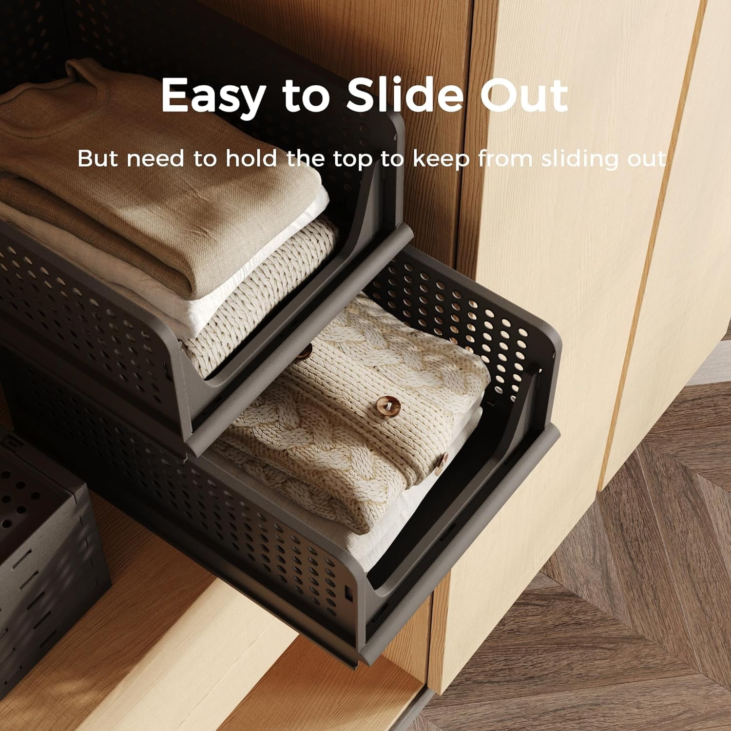5 Pack Folding Closet Organizers - Stackable Plastic Drawer Basket for Clothing, Shelf Storage Container for Closet, Wardrobe, Bedroom, Bathroom, Office (Black)
