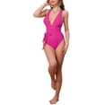 thumbnail image 2 of INSPIRAR CHIC Traje de baño de una pieza con escote en V profundo, cruce en la espalda y cordones, control de abdomen, corte alto, color rosa grande, 2 of 5