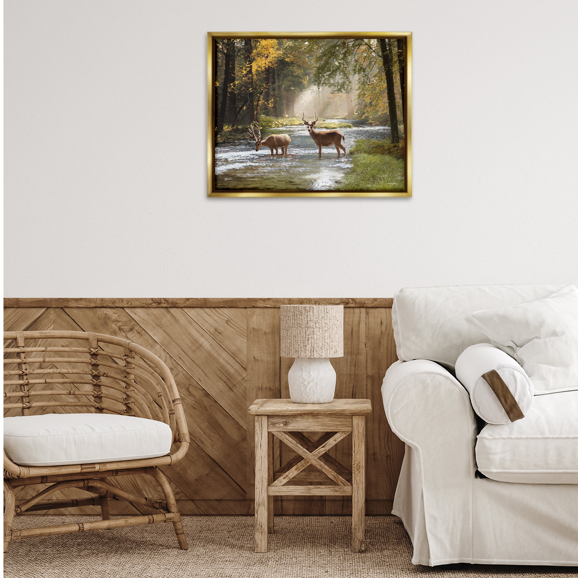 Stupell Industries Deer Grazing in Creek Landscape Painting Gold Floater Framed Art Print Wall Art, 31 x 25