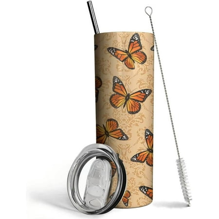

Butterfly Tumbler with Lid and Straw- Butterfly Gifts for Women - Butterfly Cup Skinny Tumbler Water Bottle Coffee Mug -Metal Thermal Insulated Tumblers 20 Oz -Butterfly Decor Stuff-Vintage Style