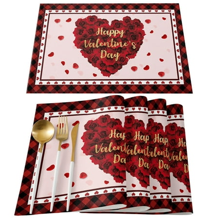 

Valentines Day Placemats Set of 4 Buffalo Check Plaid Love Hearts Polyester Stain Resistant Table Mats Washable Placemat Decoration for Kitchen Dining Table Rustic Farmhouse