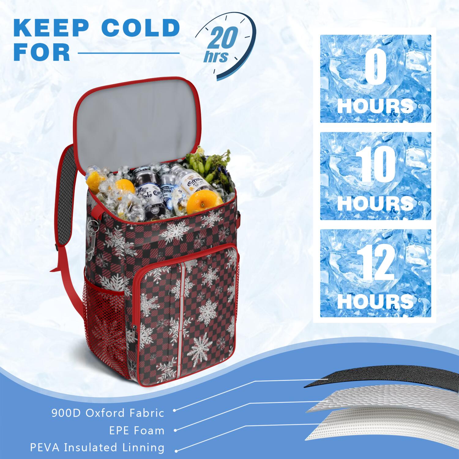 Travel Cooler Bag - Red and Black Checkered Christmas Snowflake Pattern Camping Beer Cooler Backpack with Bottle Opener- Waterproof Insulated Picnic Backpacks - Cooler Bag for Beach