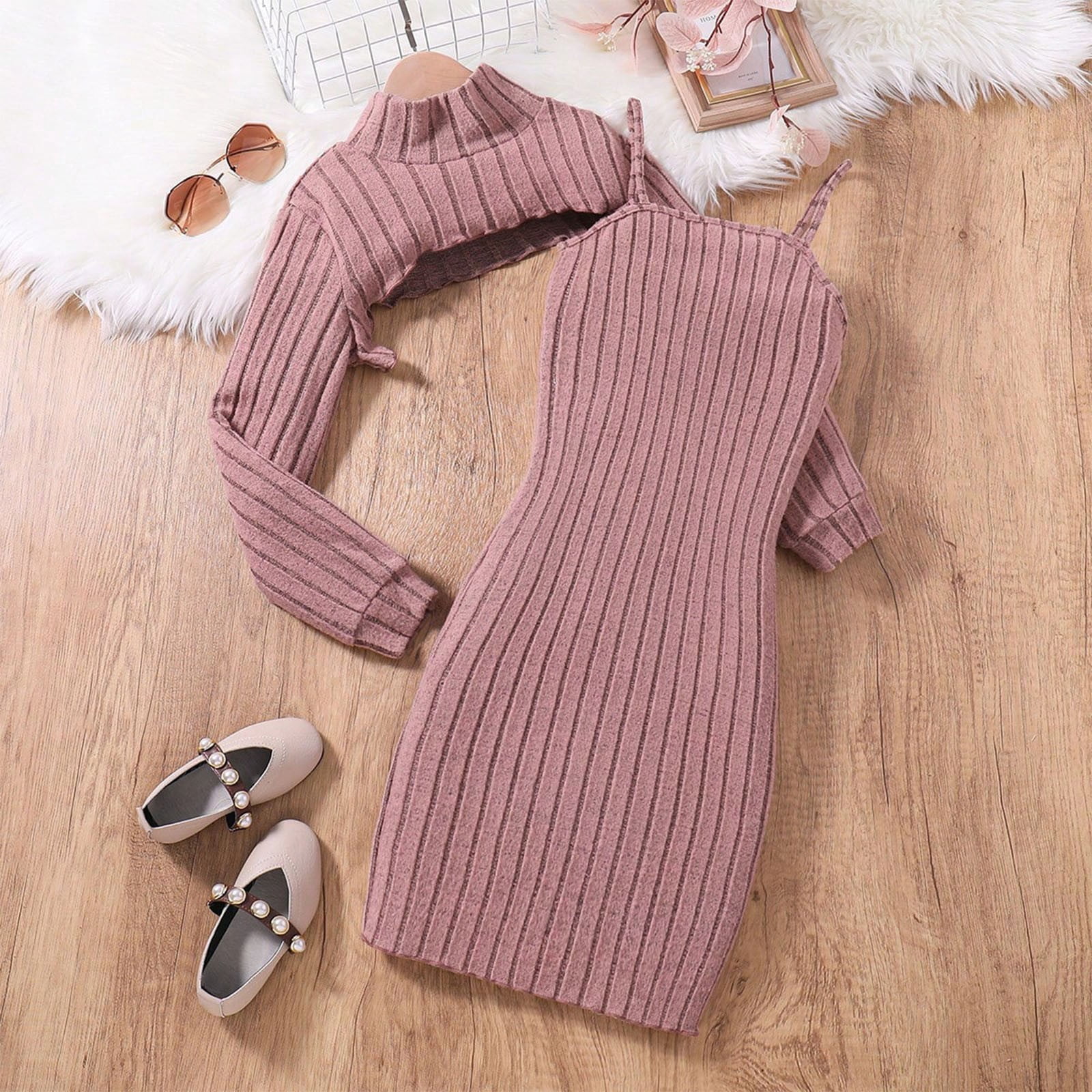 Gpaecead Girls' 2 Piece Outfits Solid Color Midi Dress Fall Sets Ribbed Knit  Mock Neck Crop Tops And Cami Dress Pink - Walmart.com