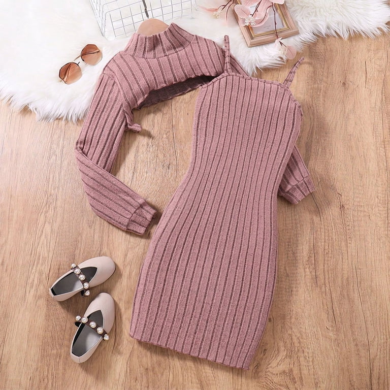 pink two piece bodycon dress GPAECEAD Lovskoo Girl's Stylish 2-Piece Outfit: Solid Color Bodycon Dress & Long Sleeve Top 7 Years Pink