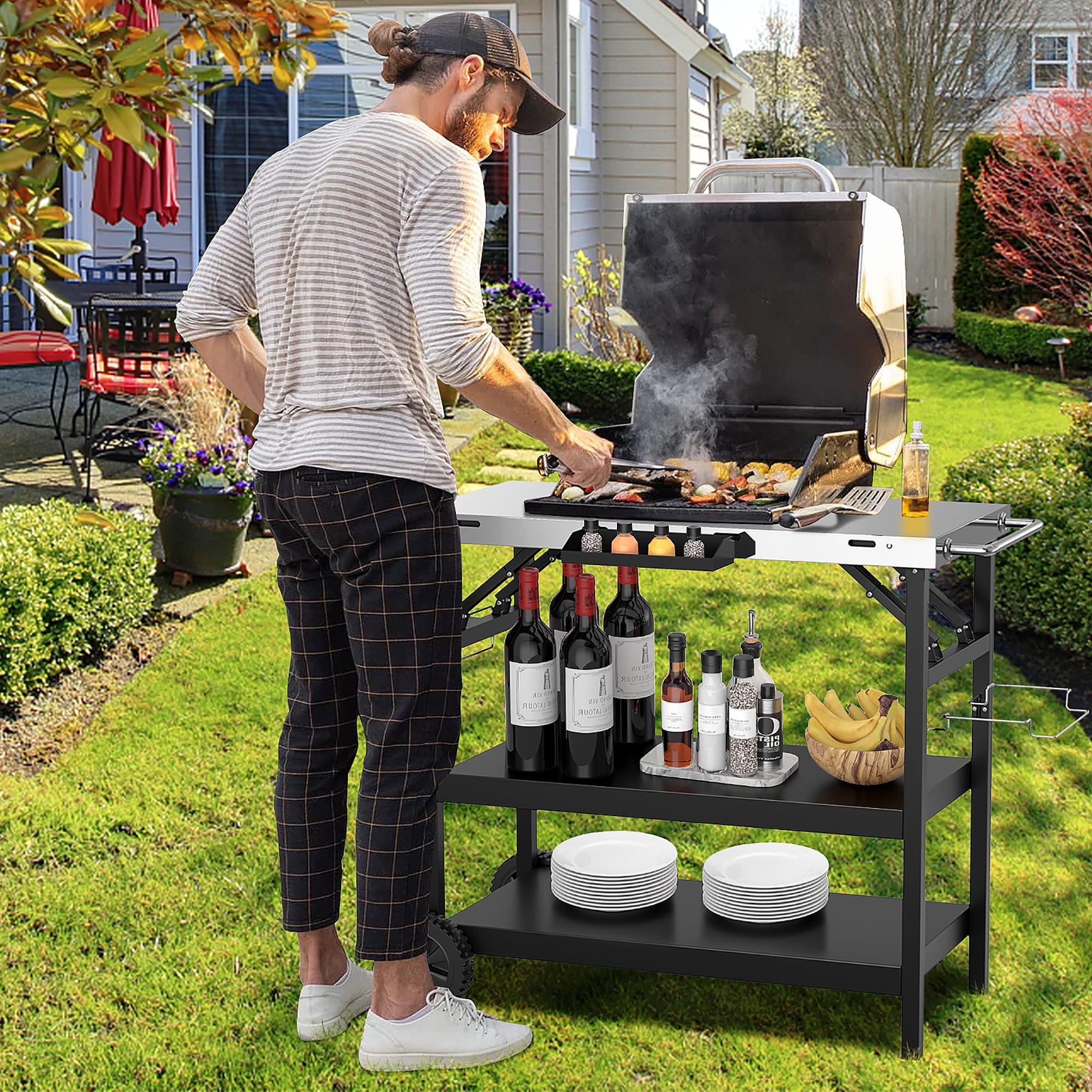 Gymax BBQ Prep Station 3 Shelf Movable Grill Cart Home Outdoor Stainless Steel Walmart