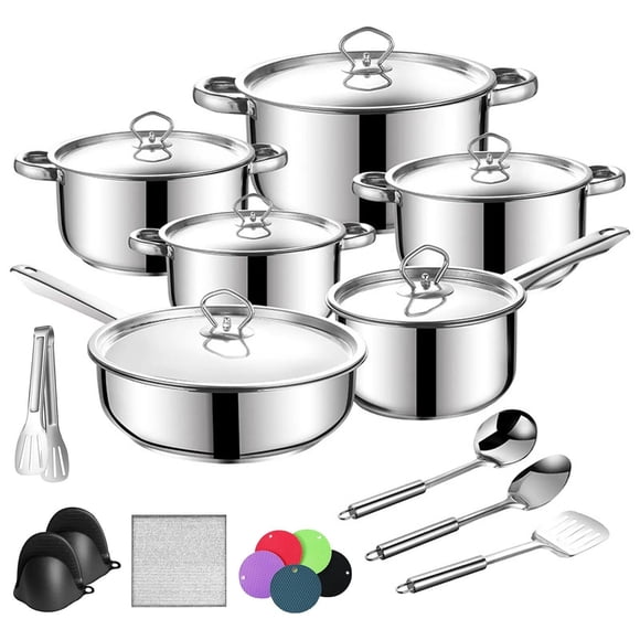 Bateria de Cocina, 20 Piezas Sartenes Antiadherentes, Bateria de Cocina Acero Inoxidable con Tapas y Cojín, Incluye Sartén Acero Inoxidable, Ollas de Cocina y Cucharas