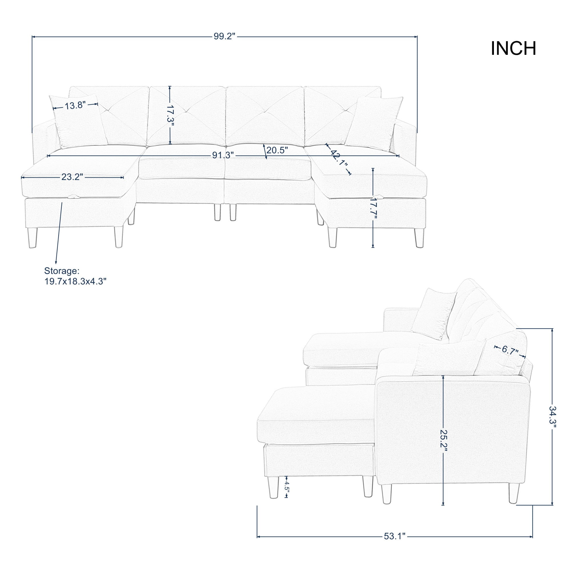 Gewnee 99.2”U-Shaped Modular Modular Combination Sofa with Storage Ottomans,Modern Large-Sized Sofa,Suitable for Living room(Black)