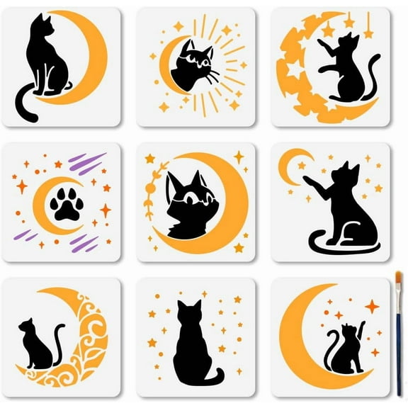 9Pcs Cat on The Moon Stencil Set 5.9×5.9inch Starry Night Sky Painting Stencils Reusable Animal Paw Print Template DIY Craft for Painting on Wood Furniture Canvas Wall Decoration White