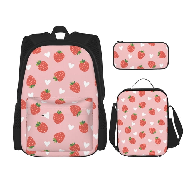 Fotbe Strawberry Set Escolar 3 en 1 para Niños - Mochila Duradera con Lonchera Aislante y Estuche para Lápices - Mochila Escolar para Niños y Niñas