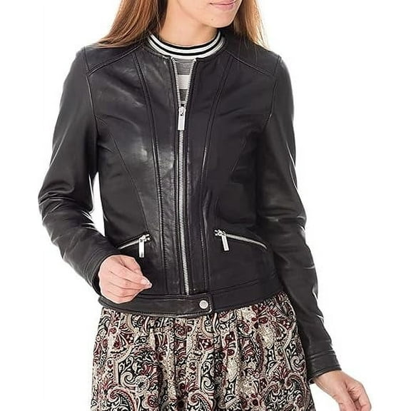Women's Genuine Black Lambskin Leather Motorcycle Jacket Stylish Coat W689