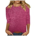 thumbnail image 3 of YOIAVAIOY Sparkly Tops for Women Elegant Shimmer Glitter 3/4 Sleeve Crew Neck Evening Shirts Trendy Going Out Party Tunic Blouses Hot Pink M, 3 of 7