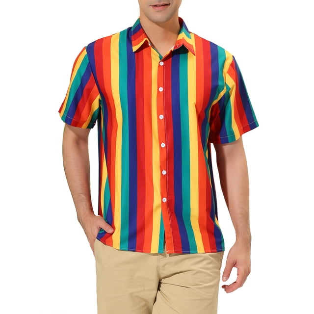 INSPIRE CHIC Men's Shirts Summer Striped Button Short Sleeve Beach Shirts XL Rainbow Yellow