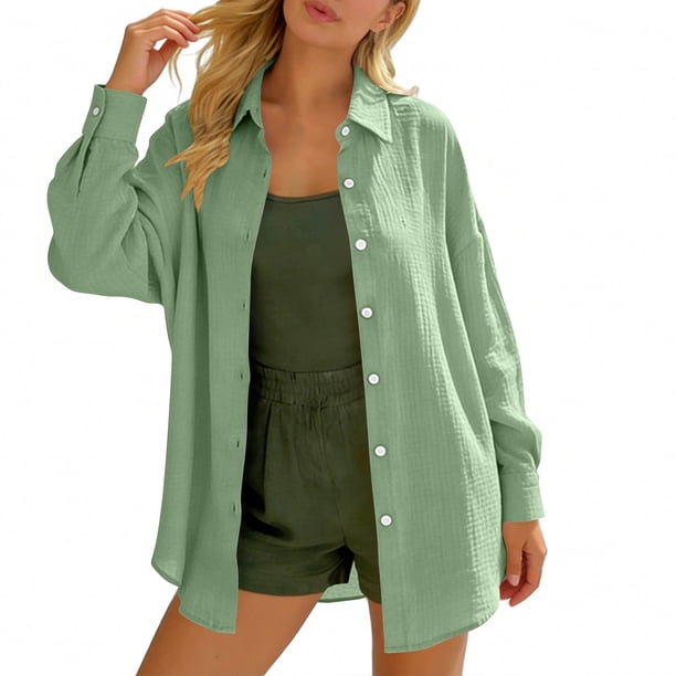 Craaazy Women's Relaxed Fit Collared Blouse, Solid Color Long Sleeve Button Down Top, Loose Comfy Cotton Casual Shirt for Spring & Fall Gifts